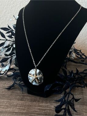 Silver Sand Dollar Necklace with Gold Starfish & Pearl Accent – Handcrafted